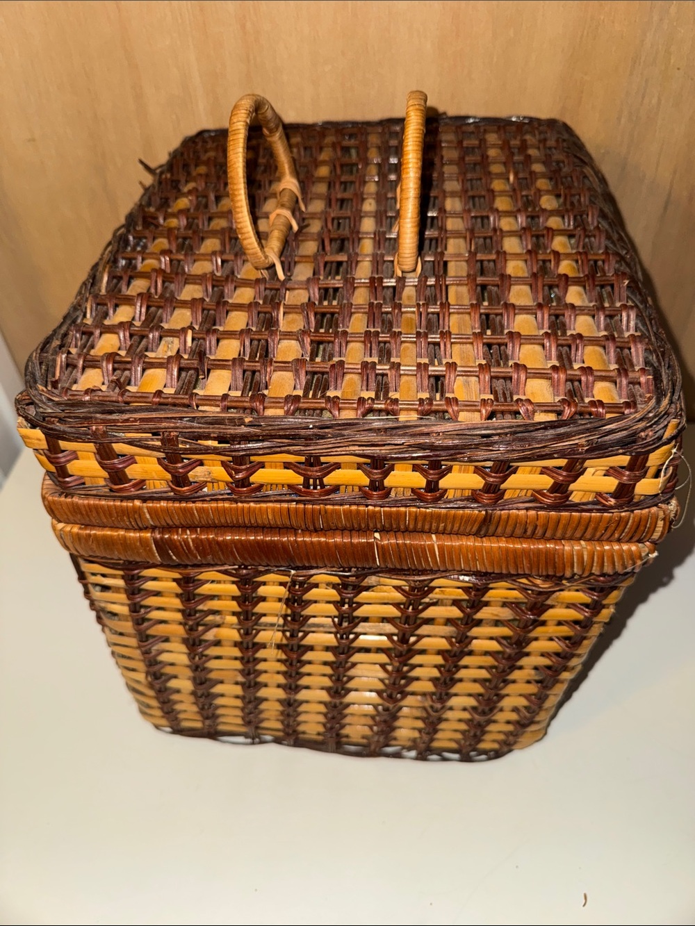 Vintage Wicker Rattan Picnic Storage Sewing Yarn Lined Basket Large No Handle - Picture 4 of 6